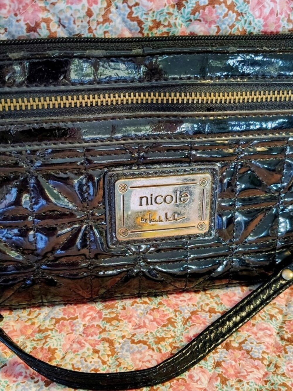 Nicole Miller Black Faux Patent Leather Wristlet